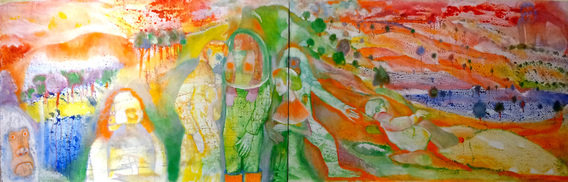 Suspended Social Order, 2014, 70 x 240cm, is from  from the first series of new paintings and like them all was conceived in two halves. It is probably an autobiograpgical journey of some kind as well as a celebration of the grotesque in contemporary society. On the right is a half-wakeing boy reclining in what looks like an early Italian landscape except that it is red with a bright blue lake.  There is a hommage to Goya in the giant appearing top right.  A drama of sorts is enacted on the centre fold -  where a simean man prevents a girl from heading left and a man with a monkey on his shoulders engages with a woman in yellow.  More monkeys appear  appear in the left foreground and above is another landscape in an even more deliquescent state, with a network of ultramarine paint spots.  Beyond a distant hill is a moustachioed sleeping profile, who may represent the artist.